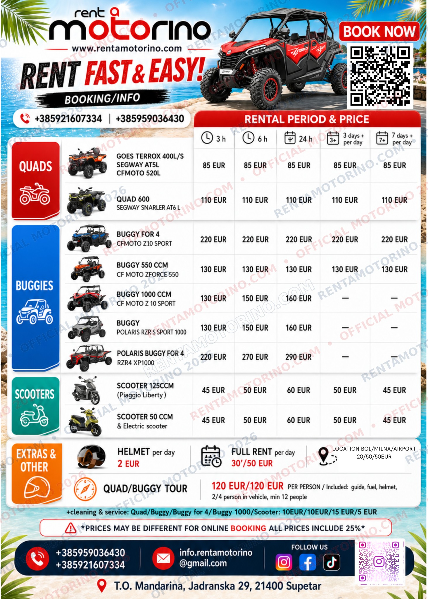Motorino 2026 scooter, quad, buggy and car rental price list for Brac