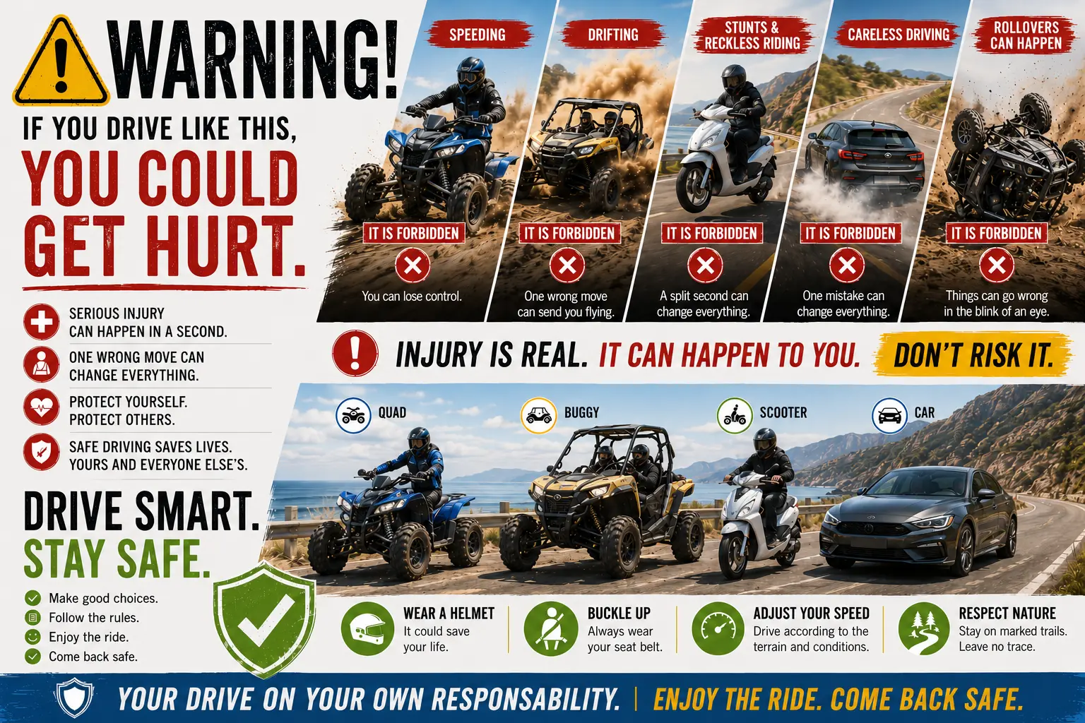 Warning against speeding, drifting, stunts, reckless driving and vehicle rollovers