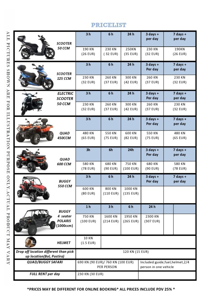 rent a scooter, quad, buggy, island brac, the best prices