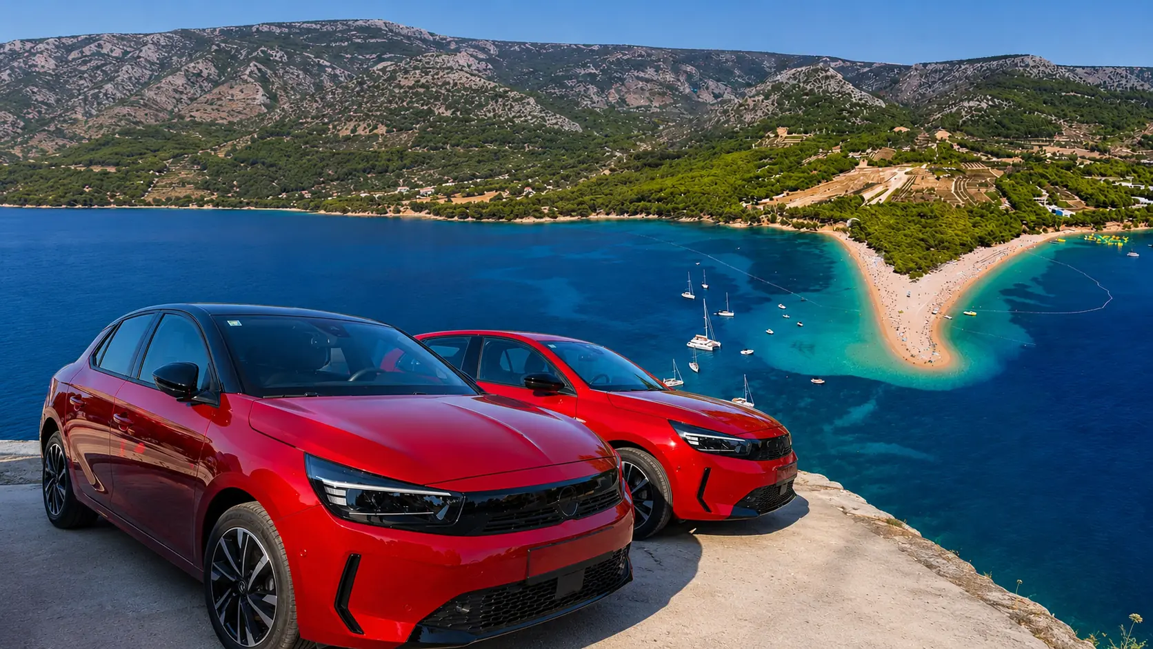 Two red rental cars overlooking Zlatni Rat beach on the island of Brač.
