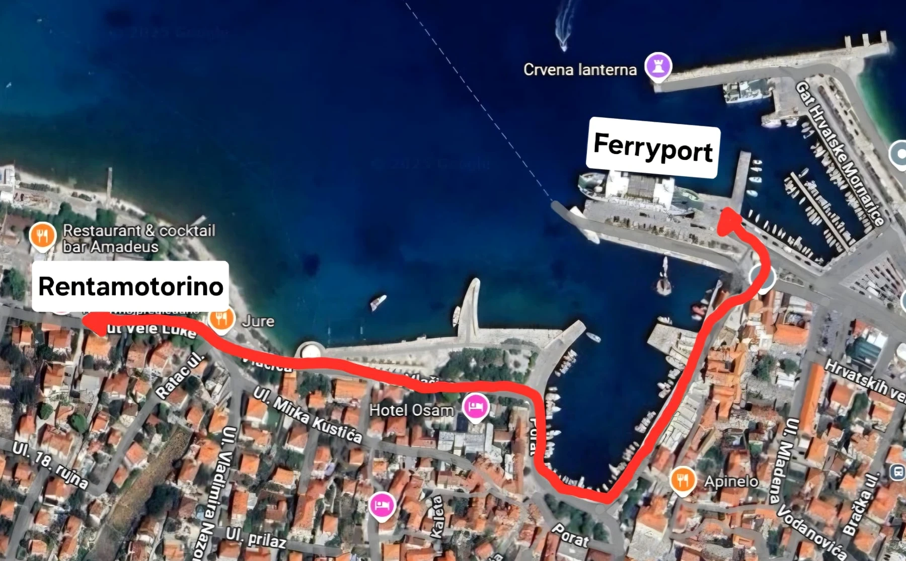 Marked walking route from Supetar Ferry Port to Rentamotorino at Put Vele Luke 2B
