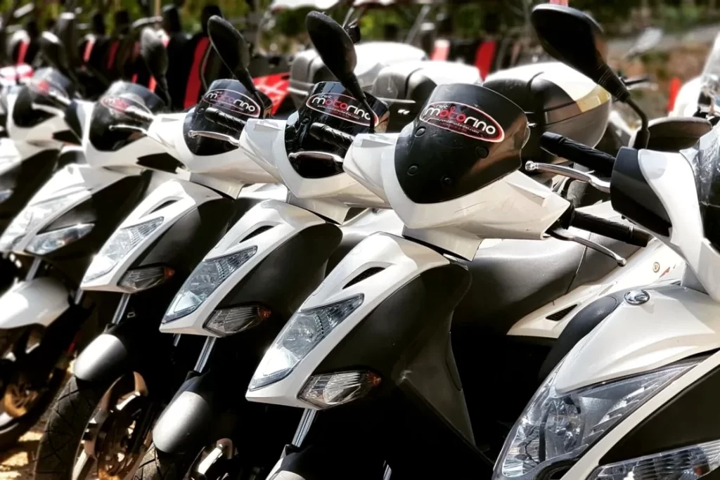 Rent a Motorino scooter fleet lined up and ready for rental on Brač
